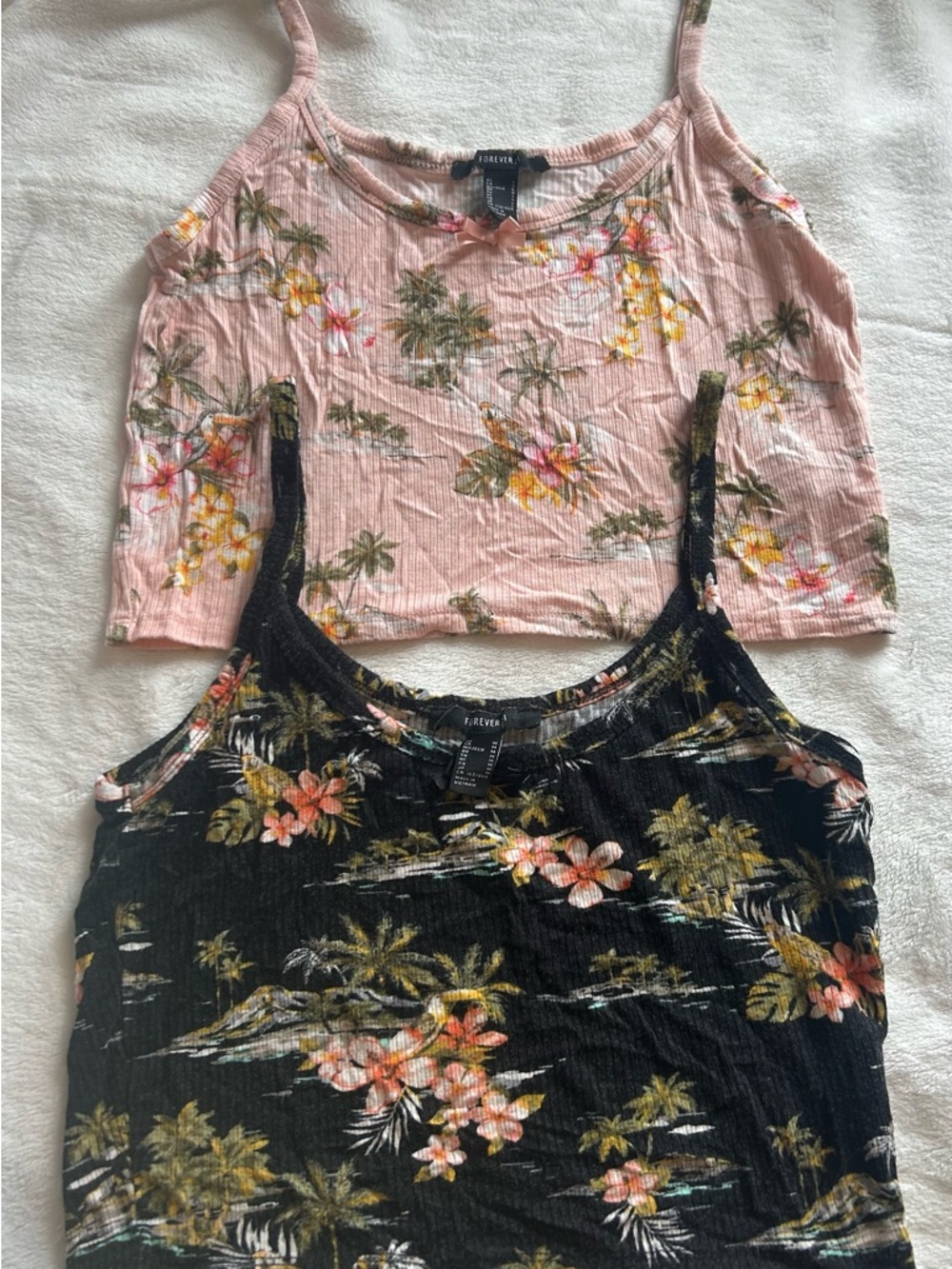 Forever 21 Pink and Black Tropical Ribbed Camisole Duo